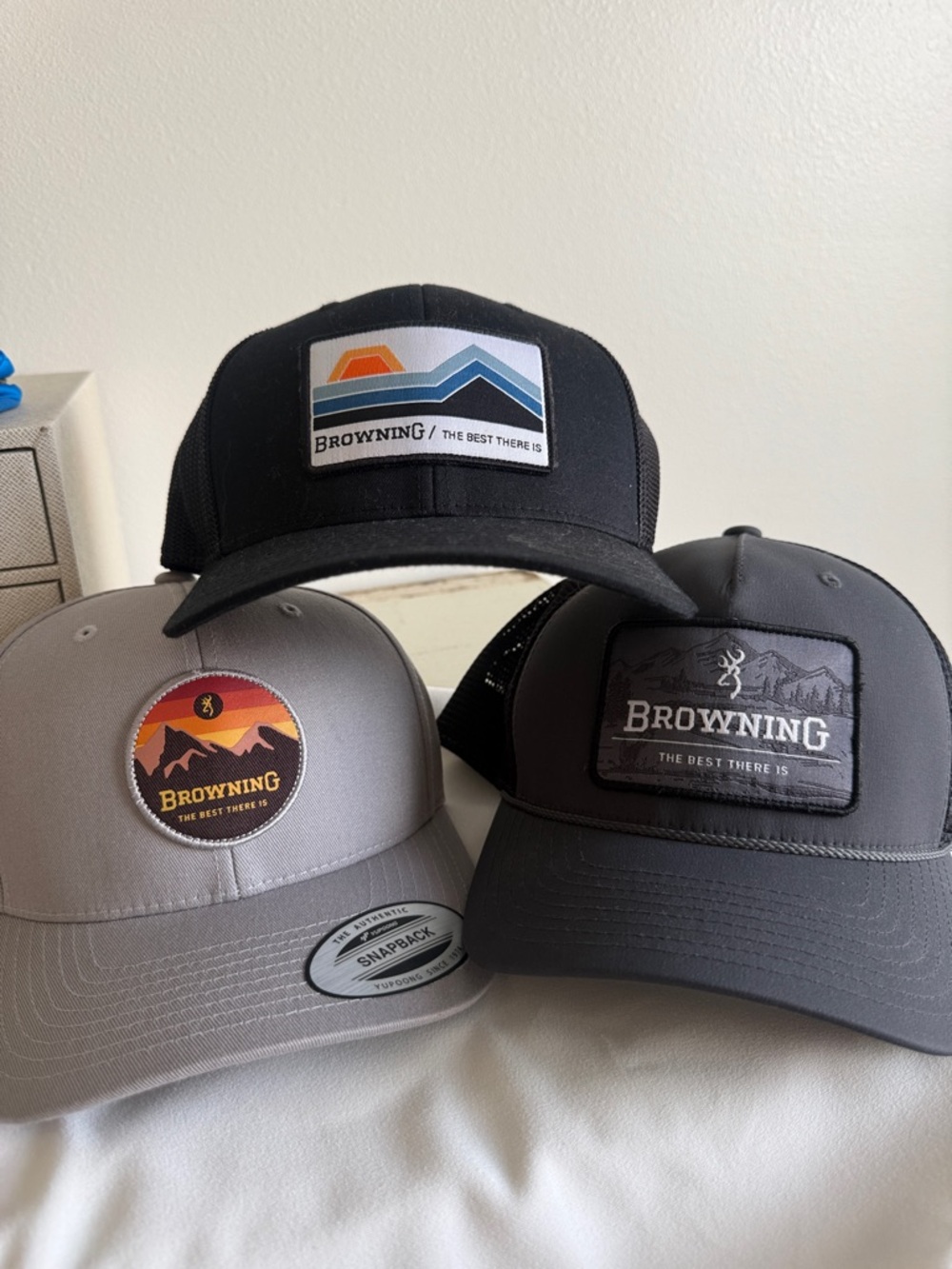 Browning Trucker Hats in Black, Gray, Light Gray with Multicolor Patch